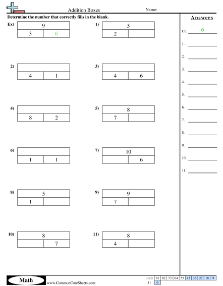 k.oa.2 Worksheets - Addition Boxes  worksheet